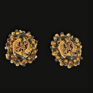 Vintage black gold Classical fish design earrings black gold hand beaded bezel